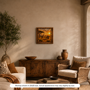 Golden Safari canvas wall art displayed in a warm neutral living room with wood accents, earthy decor, and glowing safari wildlife artwork