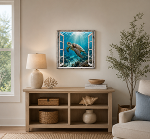 Sunlit Sea Turtle canvas wall art displayed in a bright coastal-inspired living room with light wood accents, neutral decor, and peaceful ocean artwork