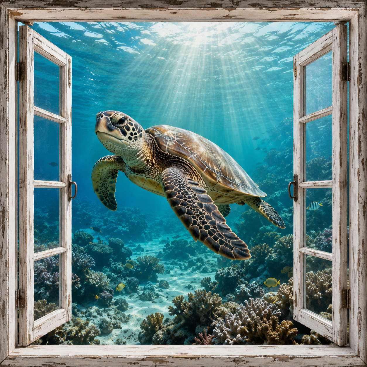 Sunlit Sea Turtle canvas wall art featuring a graceful sea turtle viewed through open weathered windows with coral reef details, clear blue ocean water, and sunlit underwater rays