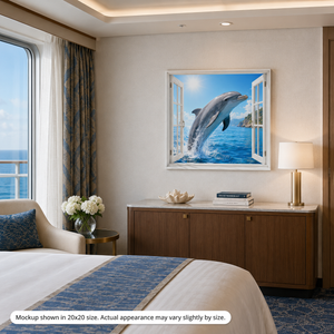 Dolphin Leap canvas wall art displayed in a bright coastal-inspired room with ocean tones, light decor, and cheerful dolphin artwork