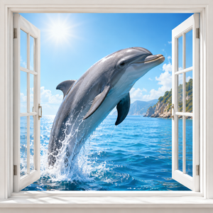 Dolphin Leap canvas wall art featuring a leaping dolphin viewed through open white windows with sparkling blue ocean water, sunny skies, and a coastal backdrop