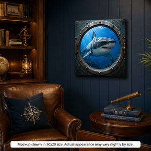Great White Encounter canvas wall art displayed in a dark nautical-inspired office with rich blue walls, leather seating, and maritime decor
