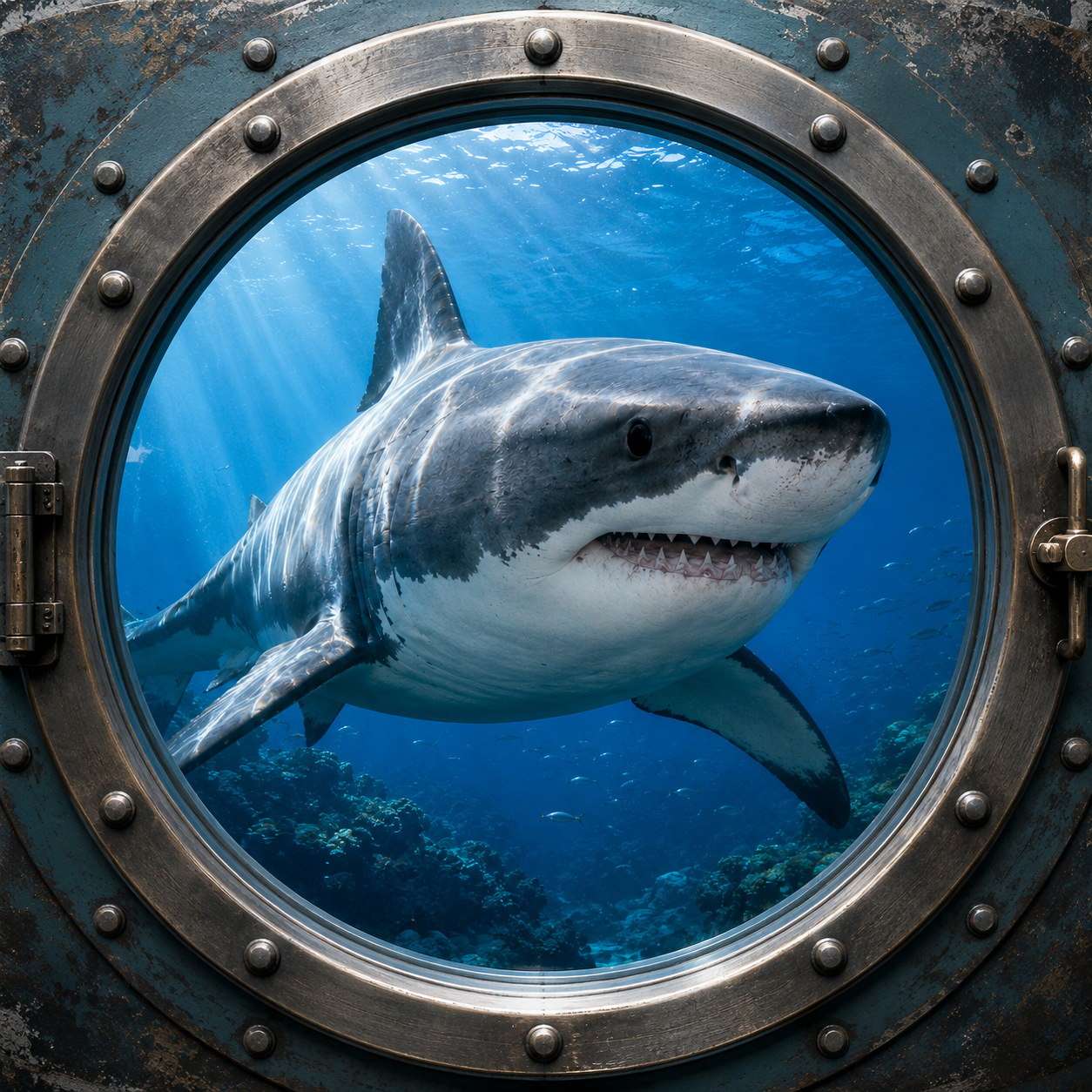 Great White Encounter canvas wall art featuring a great white shark swimming underwater through a rugged metal porthole with deep blue ocean detail