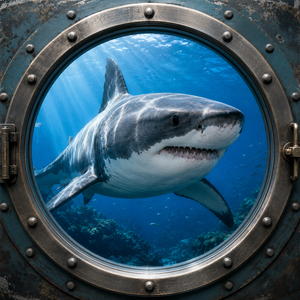 Great White Encounter canvas wall art featuring a great white shark swimming underwater through a rugged metal porthole with deep blue ocean detail