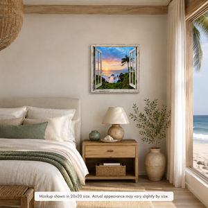 Maui Sunset canvas wall art displayed in a bright coastal bedroom with neutral bedding, light wood furniture, ocean-inspired decor, and warm tropical sunset artwork