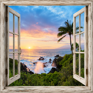 Maui Sunset canvas wall art featuring a glowing ocean sunset viewed through open weathered white windows with rocky coastline, palm tree, tropical greenery, and soft waves