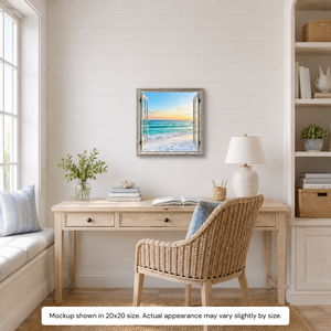 Emerald Coast canvas wall art displayed in a bright coastal office with white shiplap walls, light wood furniture, woven textures, and peaceful beach artwork