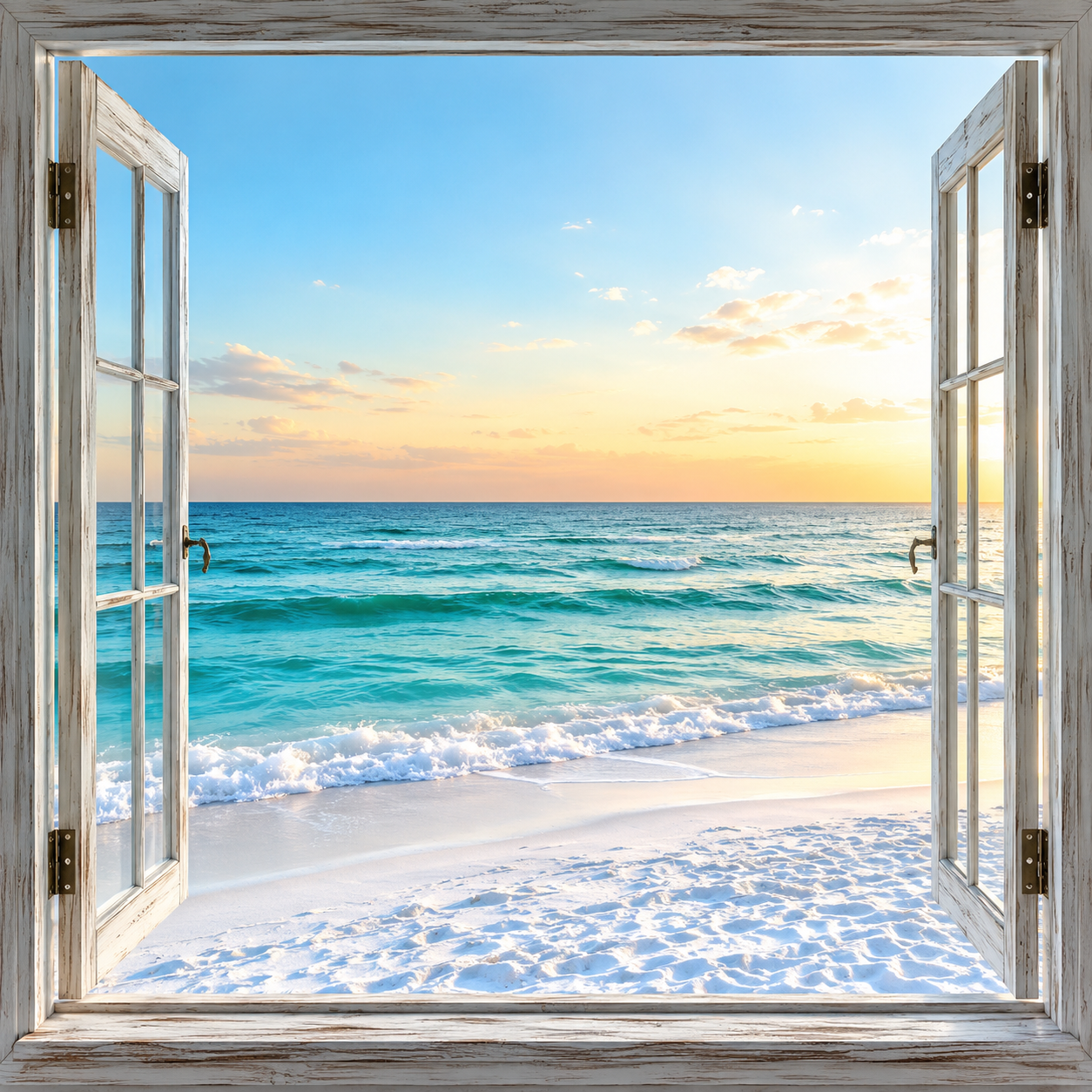 Emerald Coast canvas wall art featuring turquoise ocean waves and soft white sand viewed through open weathered white windows with a warm pastel coastal sky