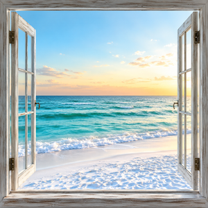 Emerald Coast canvas wall art featuring turquoise ocean waves and soft white sand viewed through open weathered white windows with a warm pastel coastal sky