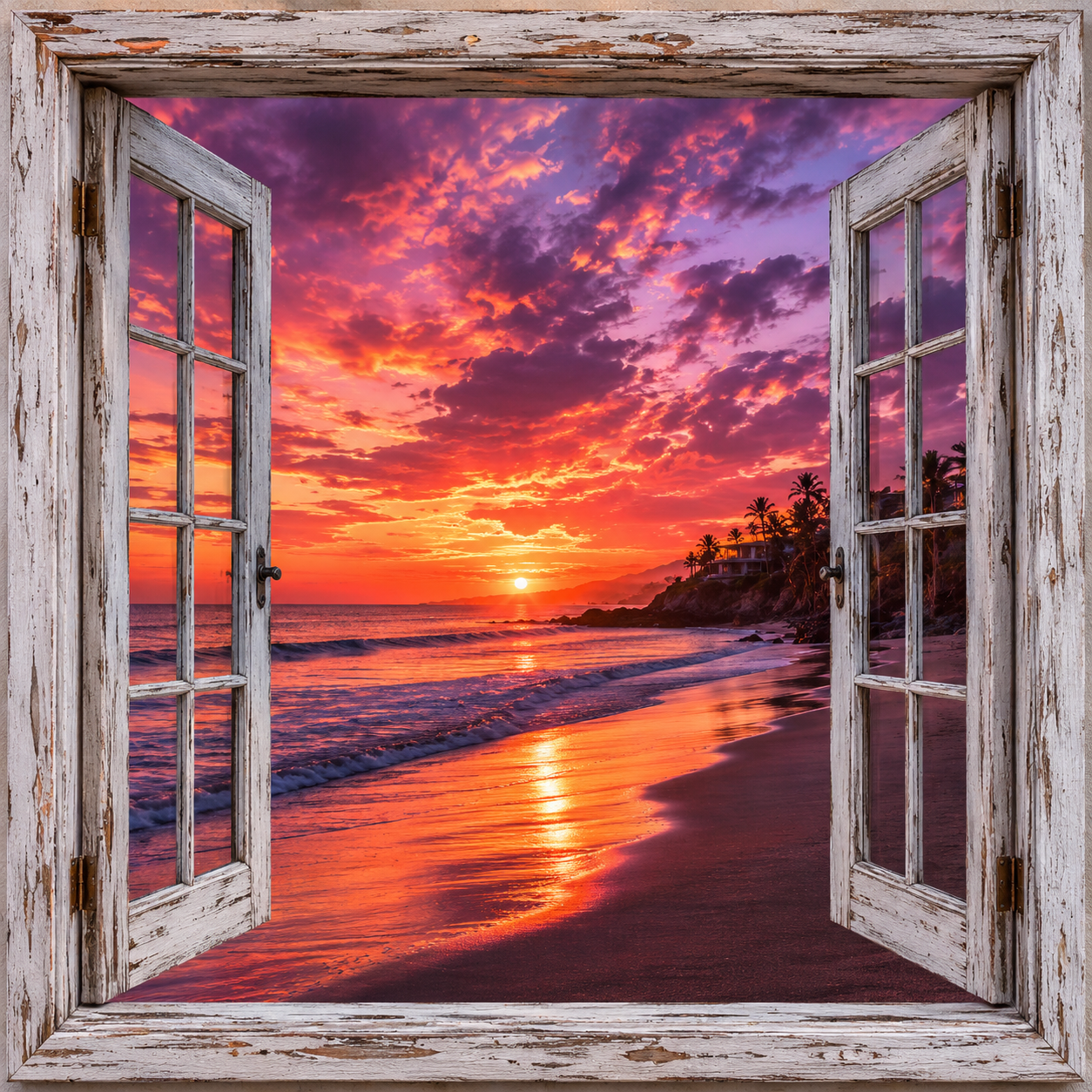 Sunset Glow Beach canvas wall art featuring a vibrant beach sunset with glowing pink and orange skies, ocean waves, reflective shoreline, and open weathered white windows