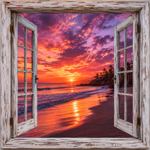 Sunset Glow Beach canvas wall art featuring a vibrant beach sunset with glowing pink and orange skies, ocean waves, reflective shoreline, and open weathered white windows