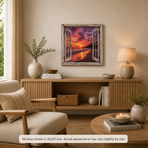 Sunset Glow Beach canvas wall art displayed in a warm neutral living room with light wood furniture, soft decor, and a glowing coastal sunset view