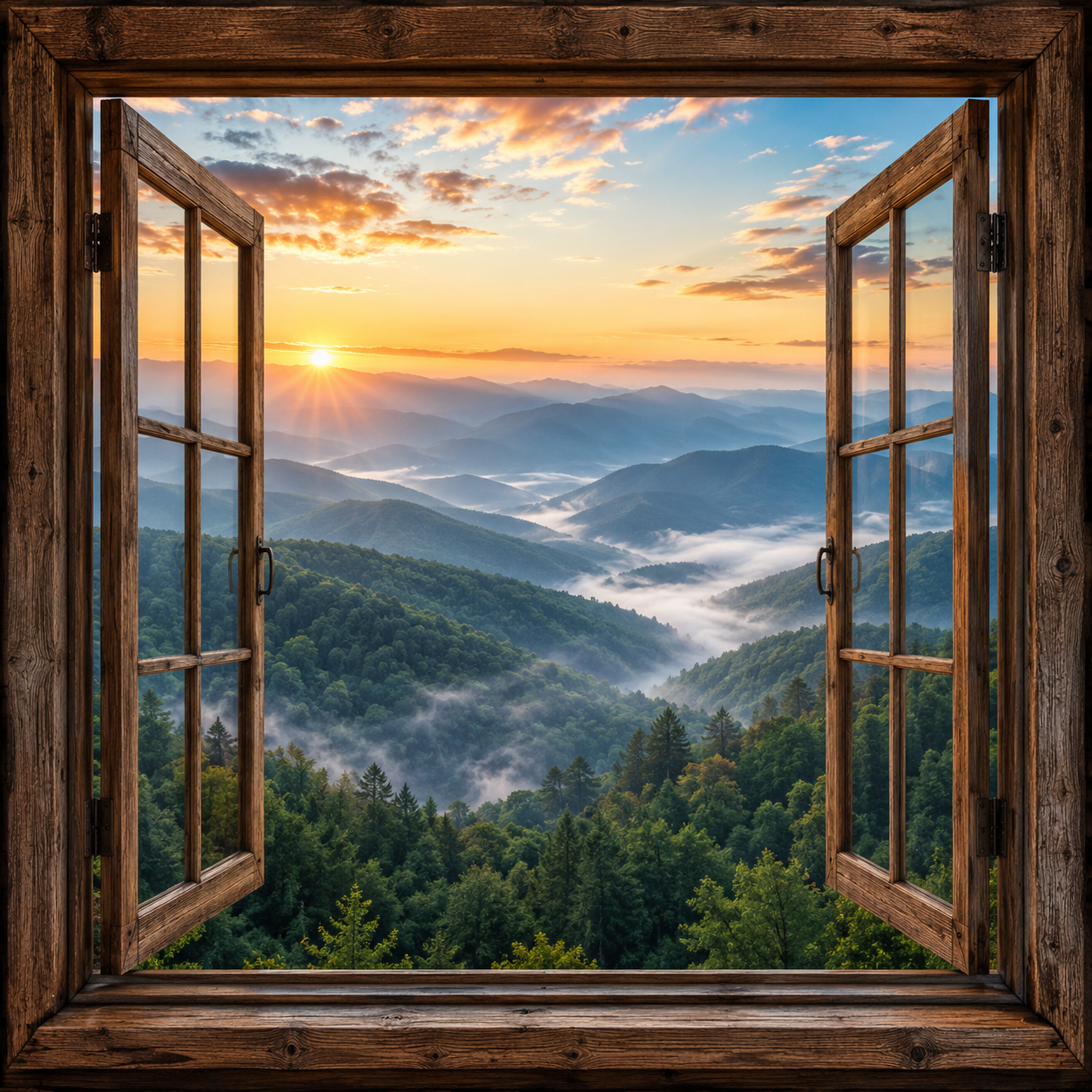 Smoky Mountain Sunrise canvas wall art featuring a sunrise over misty mountain ridges, forested valleys, and open rustic wood windows
