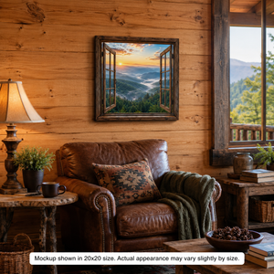 Smoky Mountain Sunrise canvas wall art displayed in a cozy rustic cabin room with wood walls, a leather chair, and warm mountain lodge decor