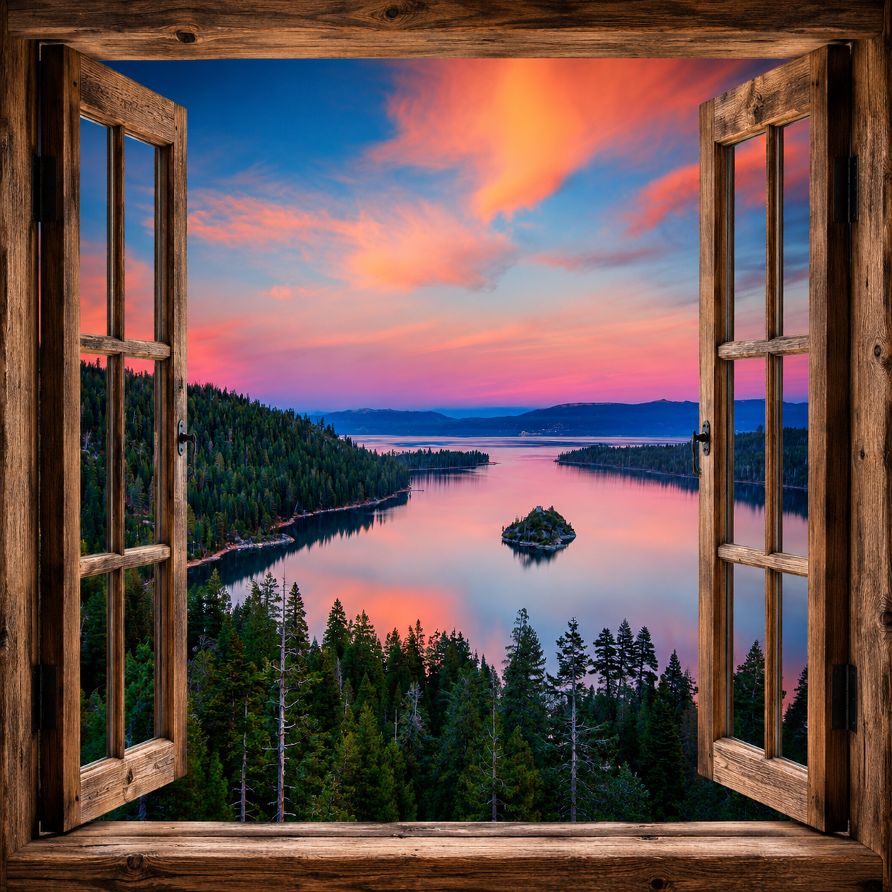 Lake Tahoe Overlook canvas wall art featuring a peaceful alpine lake sunset viewed through open rustic wood windows with evergreen forests, mountain silhouettes, and a small island