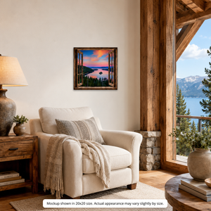 Lake Tahoe Overlook canvas wall art displayed in a cozy mountain cabin room with rustic wood accents, cream seating, warm lighting, and scenic lake sunset artwork