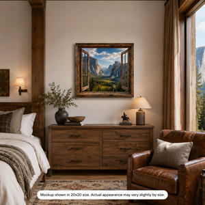 Yosemite Valley canvas wall art displayed in a warm rustic bedroom with wood furniture, soft lighting, and mountain-inspired decor