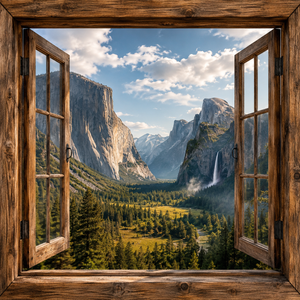 Yosemite Valley canvas wall art featuring a Yosemite-inspired mountain landscape viewed through open rustic wood windows with granite cliffs, pine forests, a waterfall, and blue sky