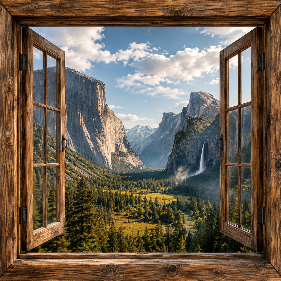 Yosemite Valley canvas wall art featuring a Yosemite-inspired mountain landscape viewed through open rustic wood windows with granite cliffs, pine forests, a waterfall, and blue sky
