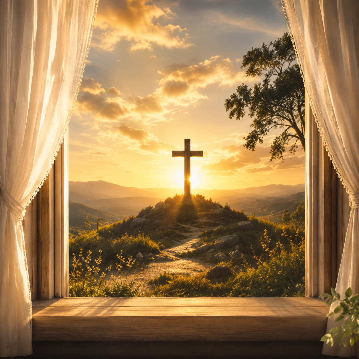 Light of the Cross canvas wall art featuring a glowing cross at sunrise viewed through a window with soft curtains, rolling hills, a winding path, and warm golden light