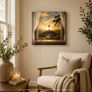 Light of the Cross canvas wall art displayed in a cozy neutral living space with a cream chair, wooden side table, candle, and soft natural decor