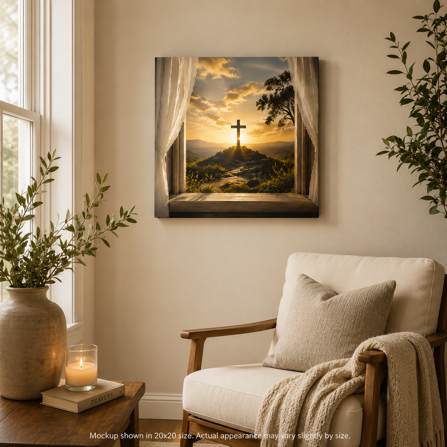 Light of the Cross canvas wall art displayed in a cozy neutral living space with a cream chair, wooden side table, candle, and soft natural decor