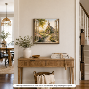 Countryside Chapel canvas wall art displayed above a wood console table in a bright neutral entryway with soft decor and natural textures