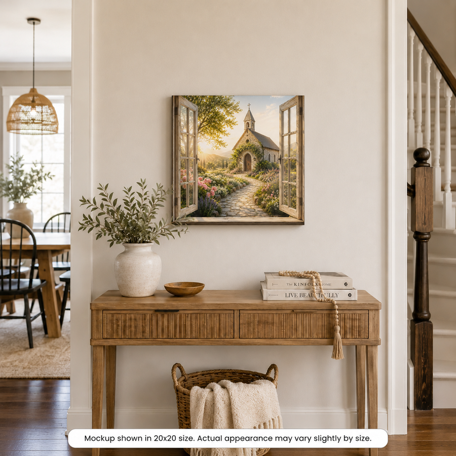 Countryside Chapel canvas wall art displayed above a wood console table in a bright neutral entryway with soft decor and natural textures