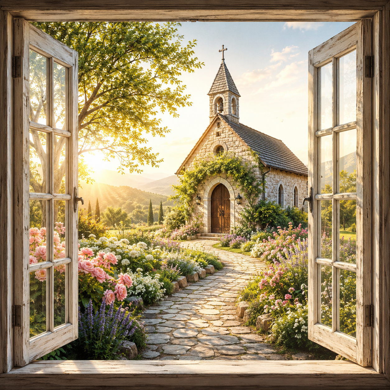 Countryside Chapel canvas wall art featuring an open rustic window overlooking a quaint chapel, blooming garden flowers, a winding stone path, and warm golden sunlight