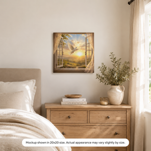 Dove at Daybreak canvas wall art displayed above a wood console table in a bright neutral entryway with soft decor, natural textures, and peaceful dove artwork