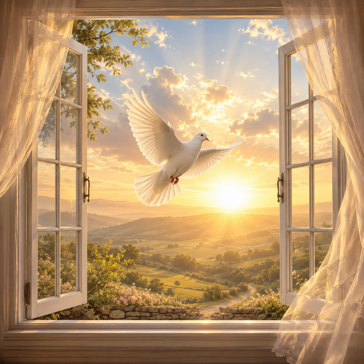Dove at Daybreak canvas wall art featuring an open rustic window overlooking a peaceful sunlit garden path with blooming flowers, soft countryside light, and warm morning scenery