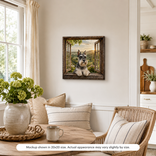Schnauzer's Morning Watch canvas wall art displayed in a bright cozy kitchen nook with natural wood accents, woven seating, soft neutral decor, and schnauzer artwork