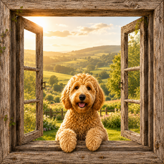 Happy Goldendoodle Window View Canvas