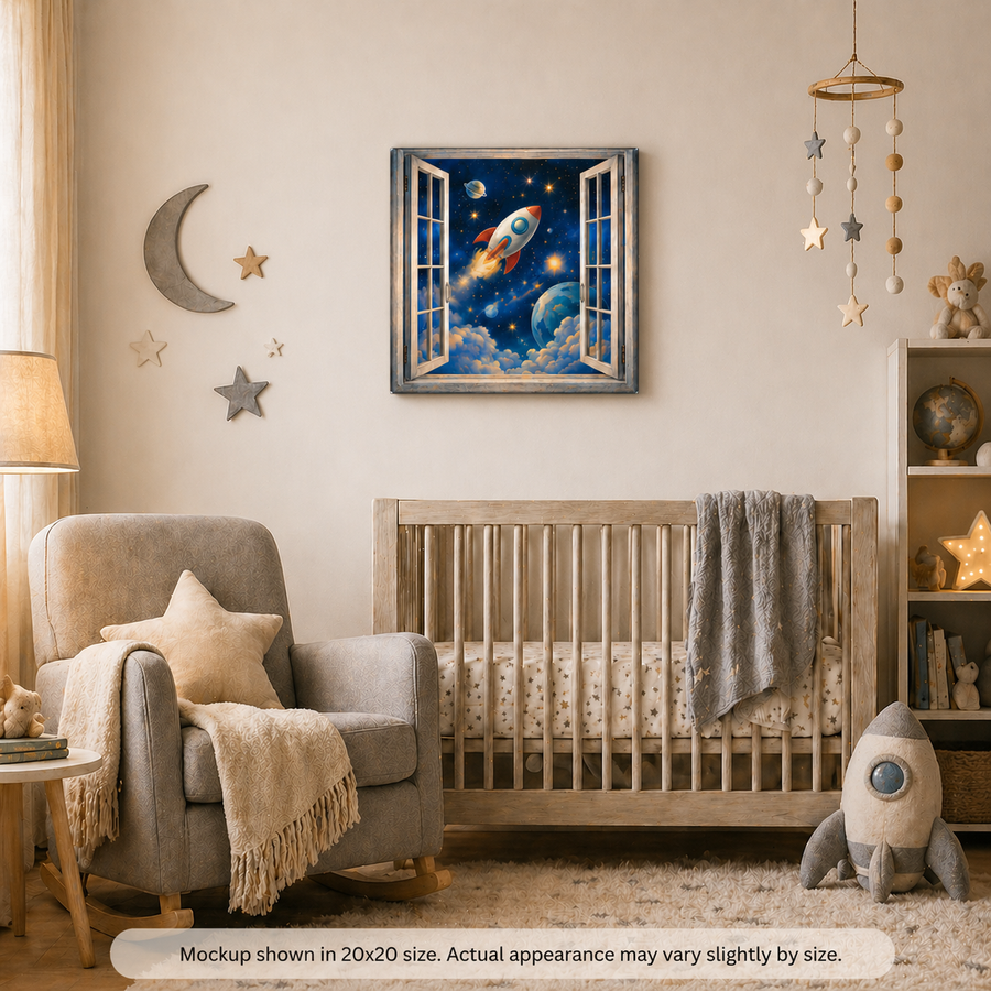 Rocket Dreams nursery canvas wall art displayed in a cozy baby room with space-themed decor, soft neutral colors, and playful rocket artwork