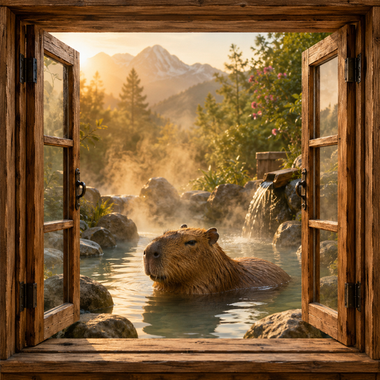 Capybara Hot Springs canvas wall art featuring a peaceful capybara soaking in a steaming hot spring through open rustic wood windows with mountains and golden light