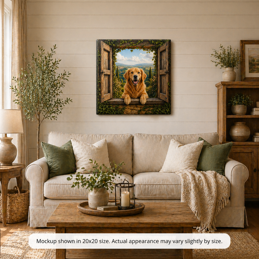 Golden Welcome golden retriever canvas wall art displayed in a warm rustic living room with cozy farmhouse decor, neutral tones, and natural wood accents