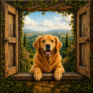Golden Welcome canvas wall art featuring a happy golden retriever viewed through an open rustic wooden window with countryside scenery, leafy greenery, and warm natural light
