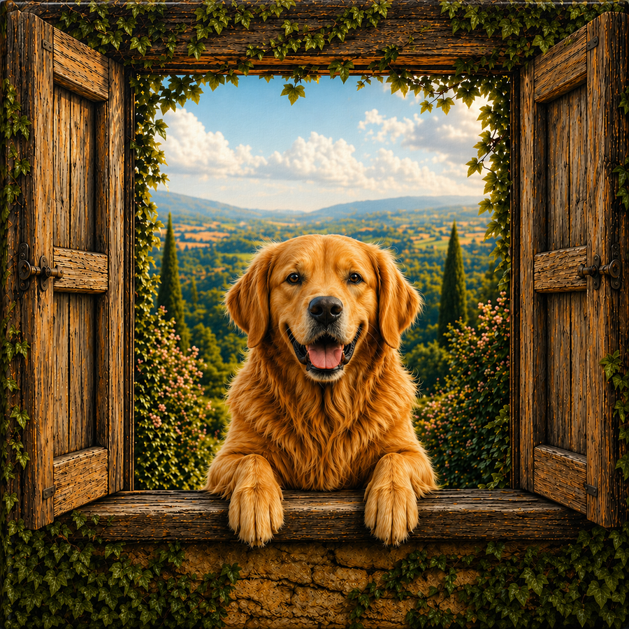 Golden Welcome canvas wall art featuring a happy golden retriever viewed through an open rustic wooden window with countryside scenery, leafy greenery, and warm natural light