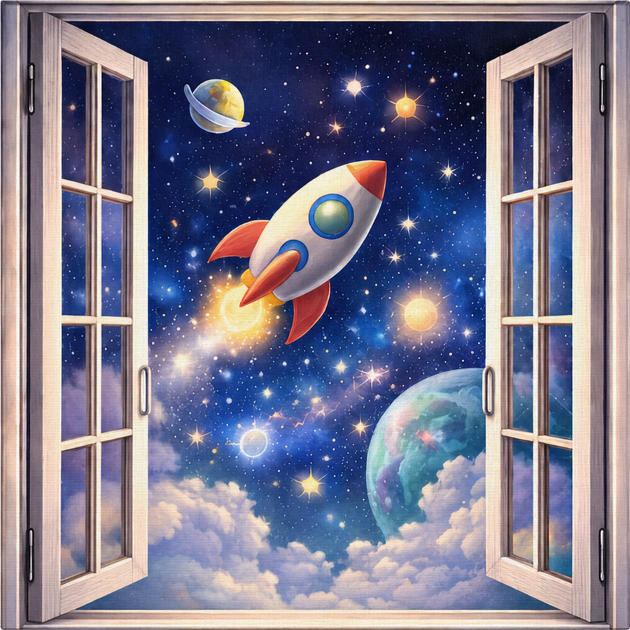 Rocket Dreams canvas wall art featuring a cheerful rocket ship viewed through an open window with stars, fluffy clouds, planets, and a dreamy outer space sky