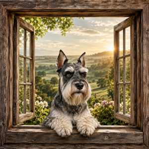 Schnauzer's Morning Watch canvas wall art featuring a sweet schnauzer resting at an open rustic wood window with rolling countryside hills, flowers, greenery, and warm morning light
